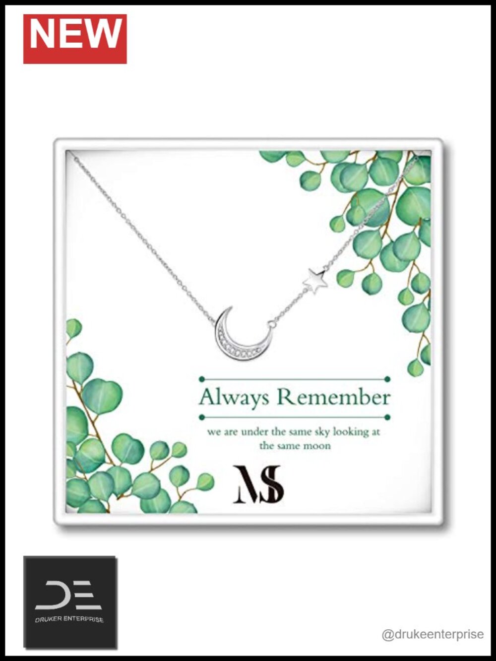 Sterling Silver Moon Star Necklace 20 Inch Gift for Mom